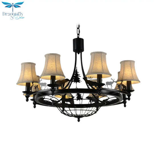 6 Lights Fabric Chandelier Light Fixture Traditional Black Cone Living Room Ceiling