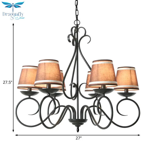 6 Lights Fabric Chandelier Light Traditional Coffee/Flaxen/White Conical Dining Room Hanging Fixture