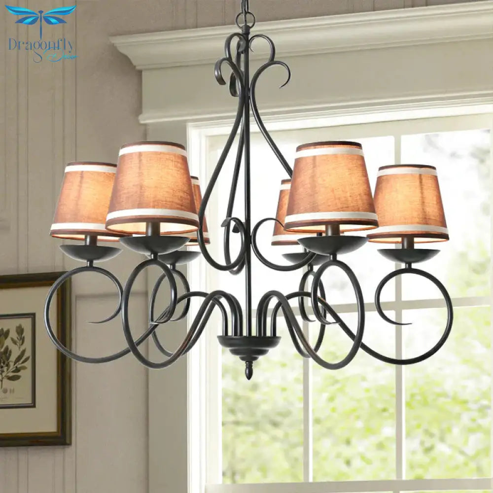 6 Lights Fabric Chandelier Light Traditional Coffee/Flaxen/White Conical Dining Room Hanging Fixture