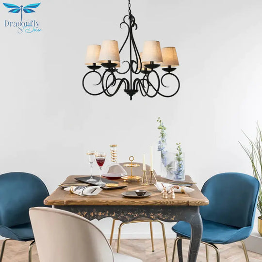 6 Lights Fabric Chandelier Light Traditional Coffee/Flaxen/White Conical Dining Room Hanging Fixture