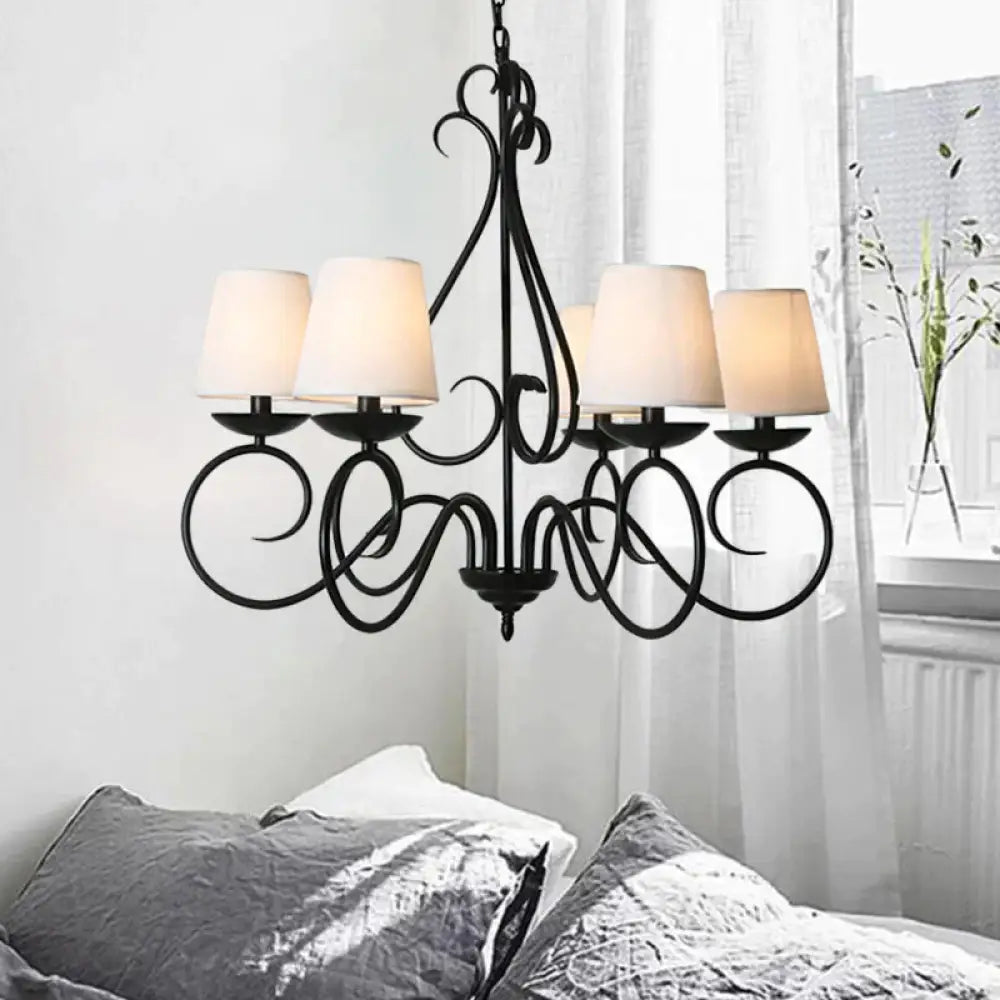 6 Lights Fabric Chandelier Light Traditional Coffee/Flaxen/White Conical Dining Room Hanging