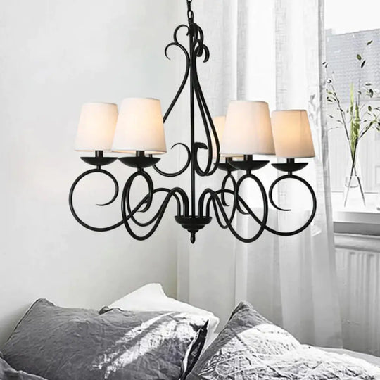 6 Lights Fabric Chandelier Light Traditional Coffee/Flaxen/White Conical Dining Room Hanging