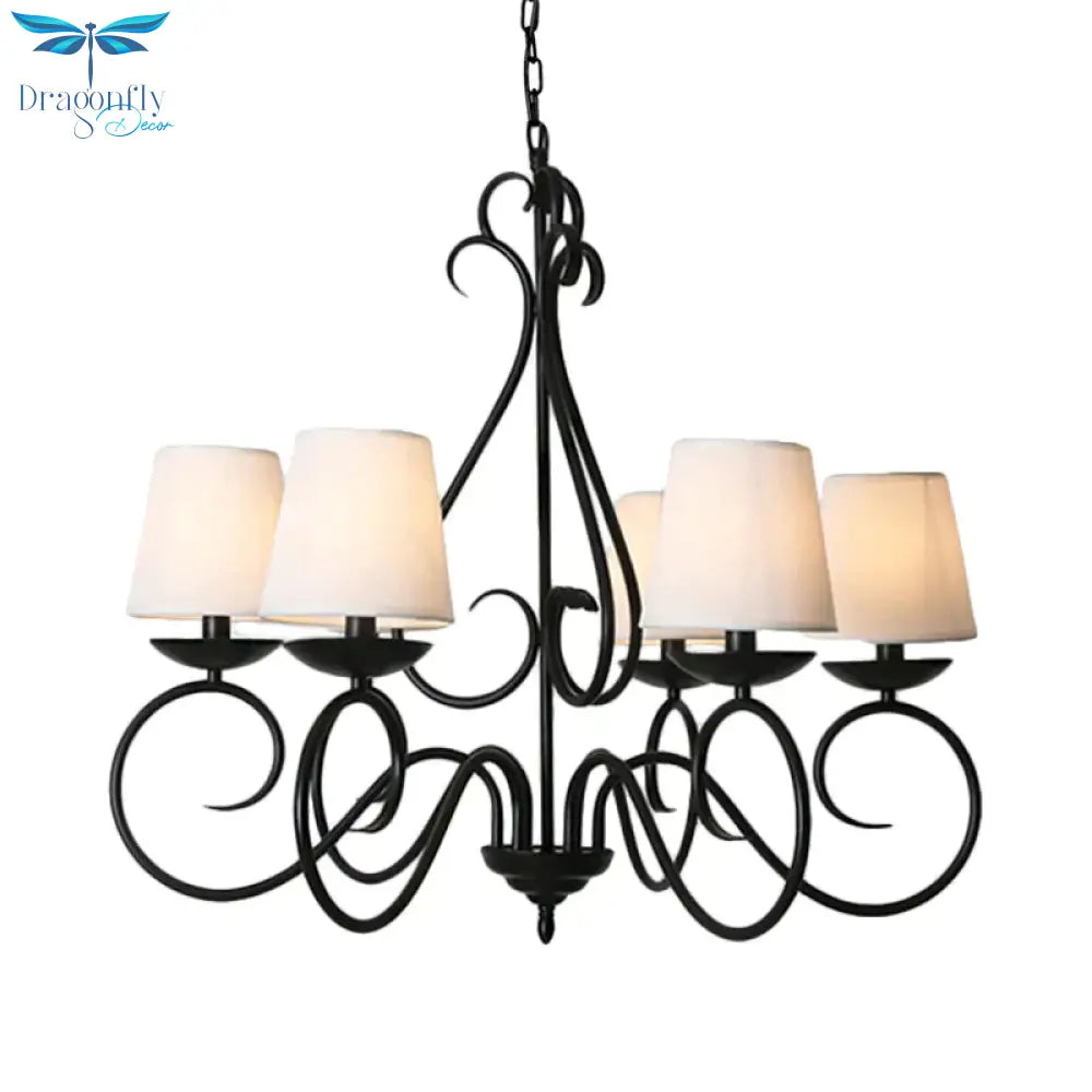 6 Lights Fabric Chandelier Light Traditional Coffee/Flaxen/White Conical Dining Room Hanging Fixture