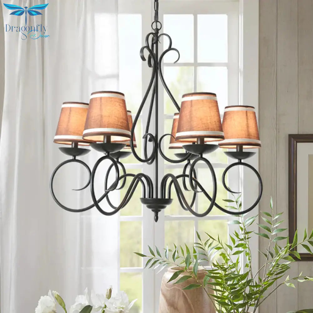 6 Lights Fabric Chandelier Light Traditional Coffee/Flaxen/White Conical Dining Room Hanging Fixture