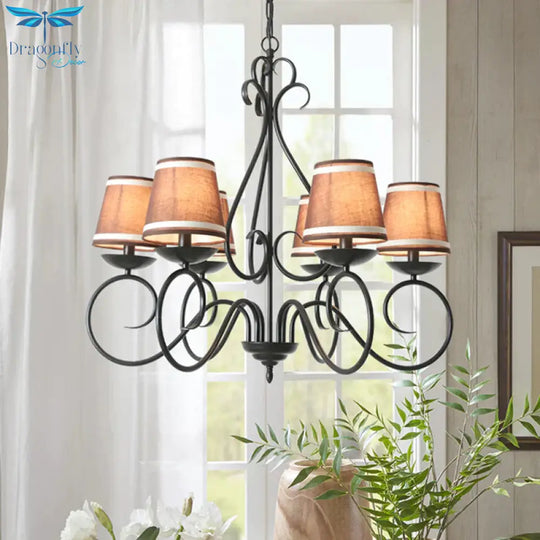 6 Lights Fabric Chandelier Light Traditional Coffee/Flaxen/White Conical Dining Room Hanging Fixture