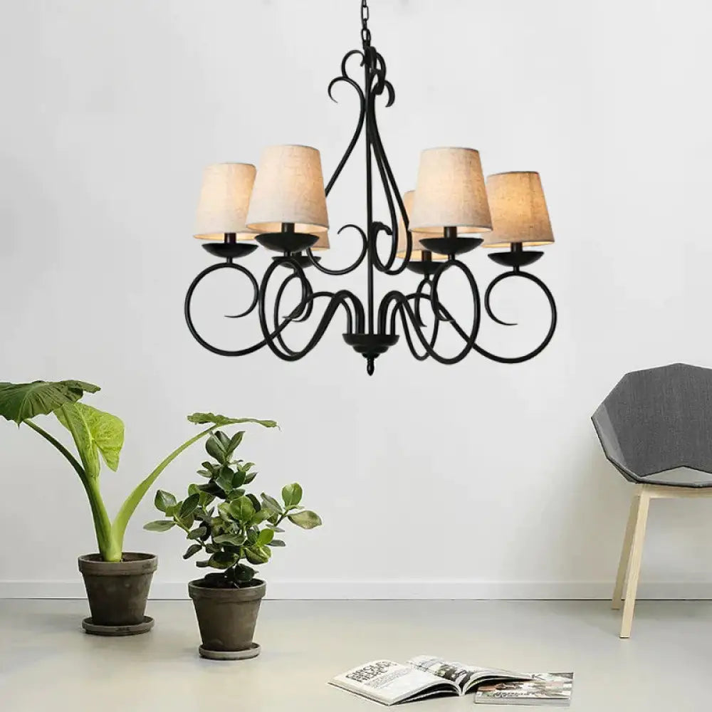 6 Lights Fabric Chandelier Light Traditional Coffee/Flaxen/White Conical Dining Room Hanging