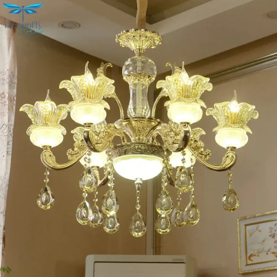 6 Lights Floral Hanging Chandelier Mid - Century Gold Crystal Ceiling Suspension Lamp