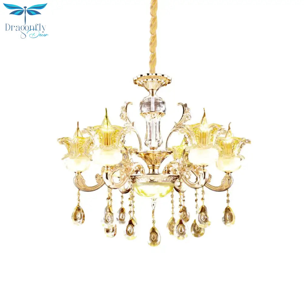 6 Lights Floral Hanging Chandelier Mid - Century Gold Crystal Ceiling Suspension Lamp