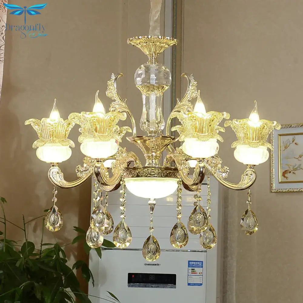 6 Lights Floral Hanging Chandelier Mid - Century Gold Crystal Ceiling Suspension Lamp