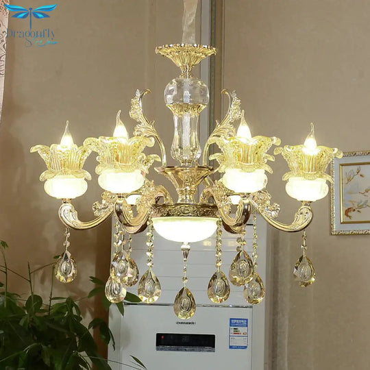 6 Lights Floral Hanging Chandelier Mid - Century Gold Crystal Ceiling Suspension Lamp