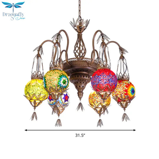 6 Lights Globe Hanging Chandelier Moroccan Brass Cut Glass Suspension Pendant For Dining Room