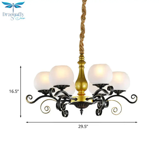 6 Lights Hanging Lighting Antique Scrolled Arm White Glass Chandelier Lamp Fixture In Black And Gold