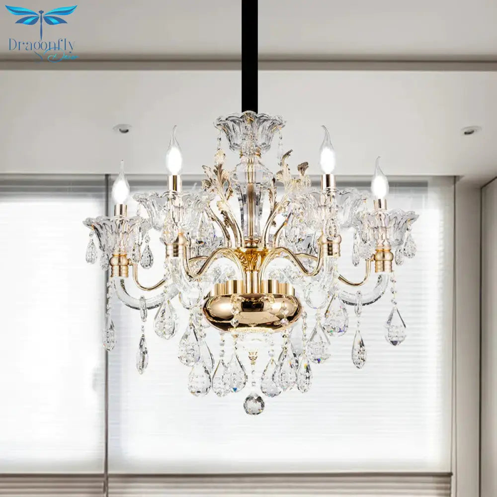 6 Lights K9 Crystal Pendant Light Mid - Century Gold Candlestick Bedroom Chandelier Lamp