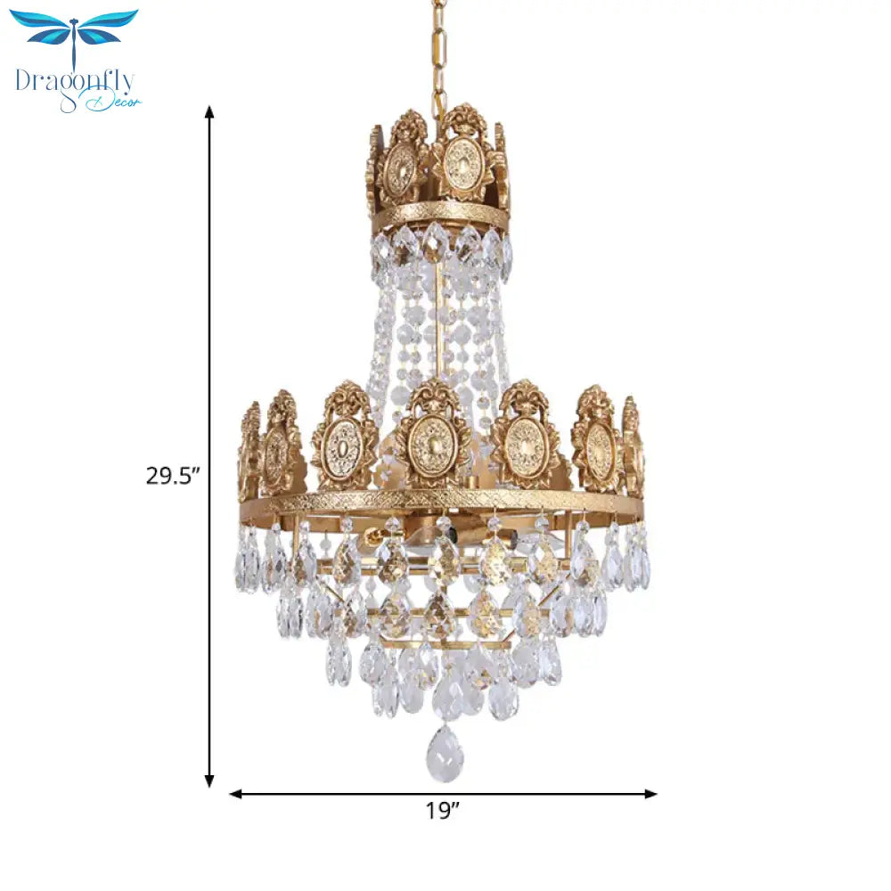 6 Lights Living Room Chandelier Lighting Lodge Silver/Gold Drop Pendant With Conical Crystal Shade