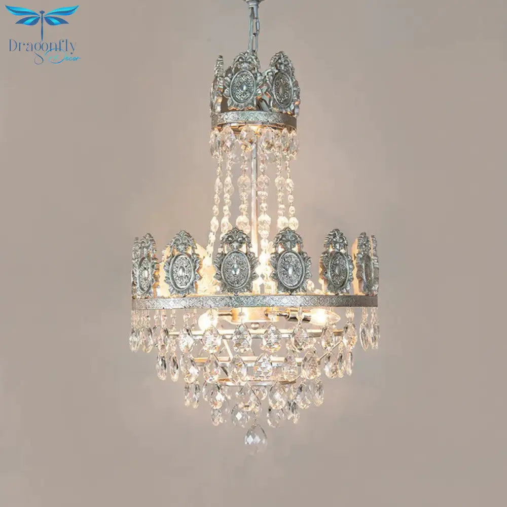 6 Lights Living Room Chandelier Lighting Lodge Silver/Gold Drop Pendant With Conical Crystal Shade