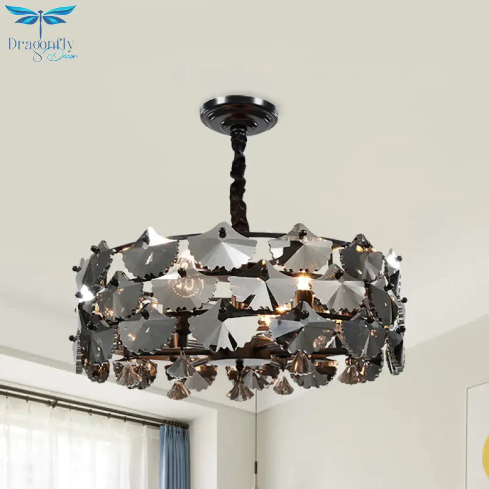 6 Lights Pendant Chandelier Modernist Drum - Shape Crystal Ginkgo Hanging Lamp In Black