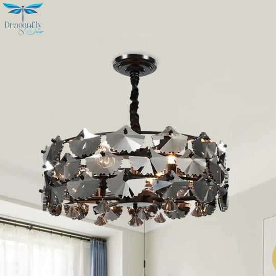 6 Lights Pendant Chandelier Modernist Drum - Shape Crystal Ginkgo Hanging Lamp In Black