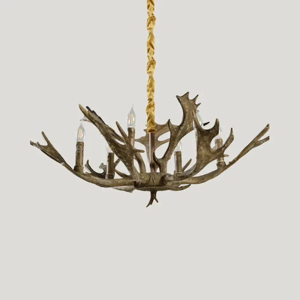 6 Lights Resin Chandelier Lamp Farmhouse Brown Candle Shape Living Room Down Lighting Pendant