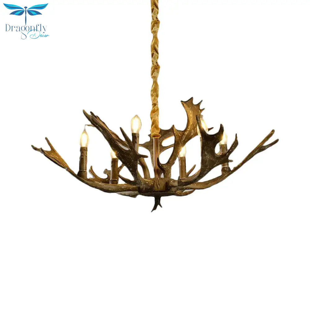 6 Lights Resin Chandelier Lamp Farmhouse Brown Candle Shape Living Room Down Lighting Pendant