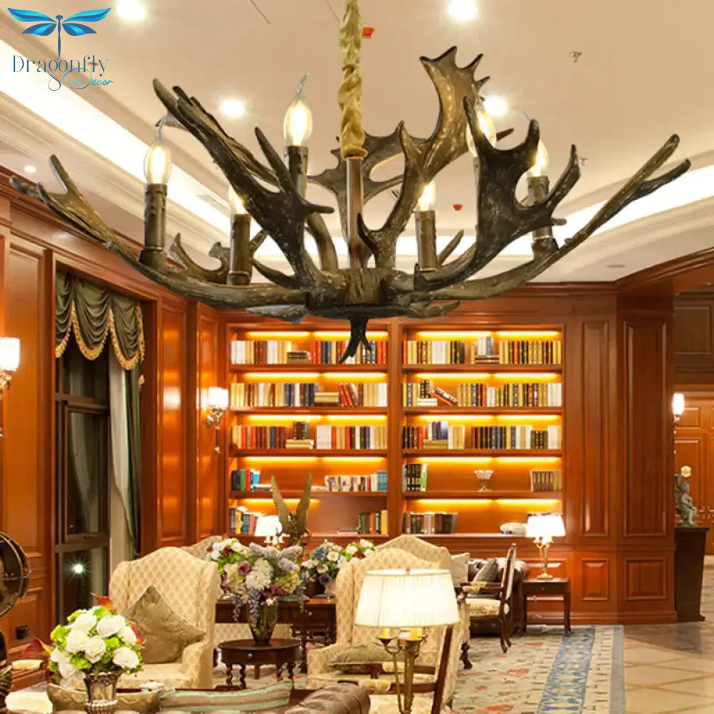 6 Lights Resin Chandelier Lamp Farmhouse Brown Candle Shape Living Room Down Lighting Pendant