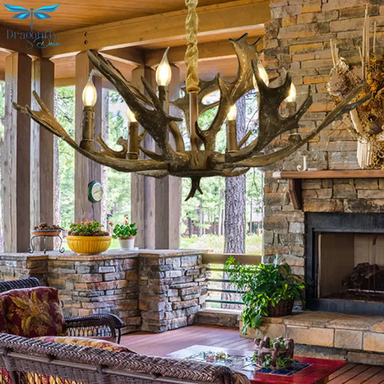 6 Lights Resin Chandelier Lamp Farmhouse Brown Candle Shape Living Room Down Lighting Pendant