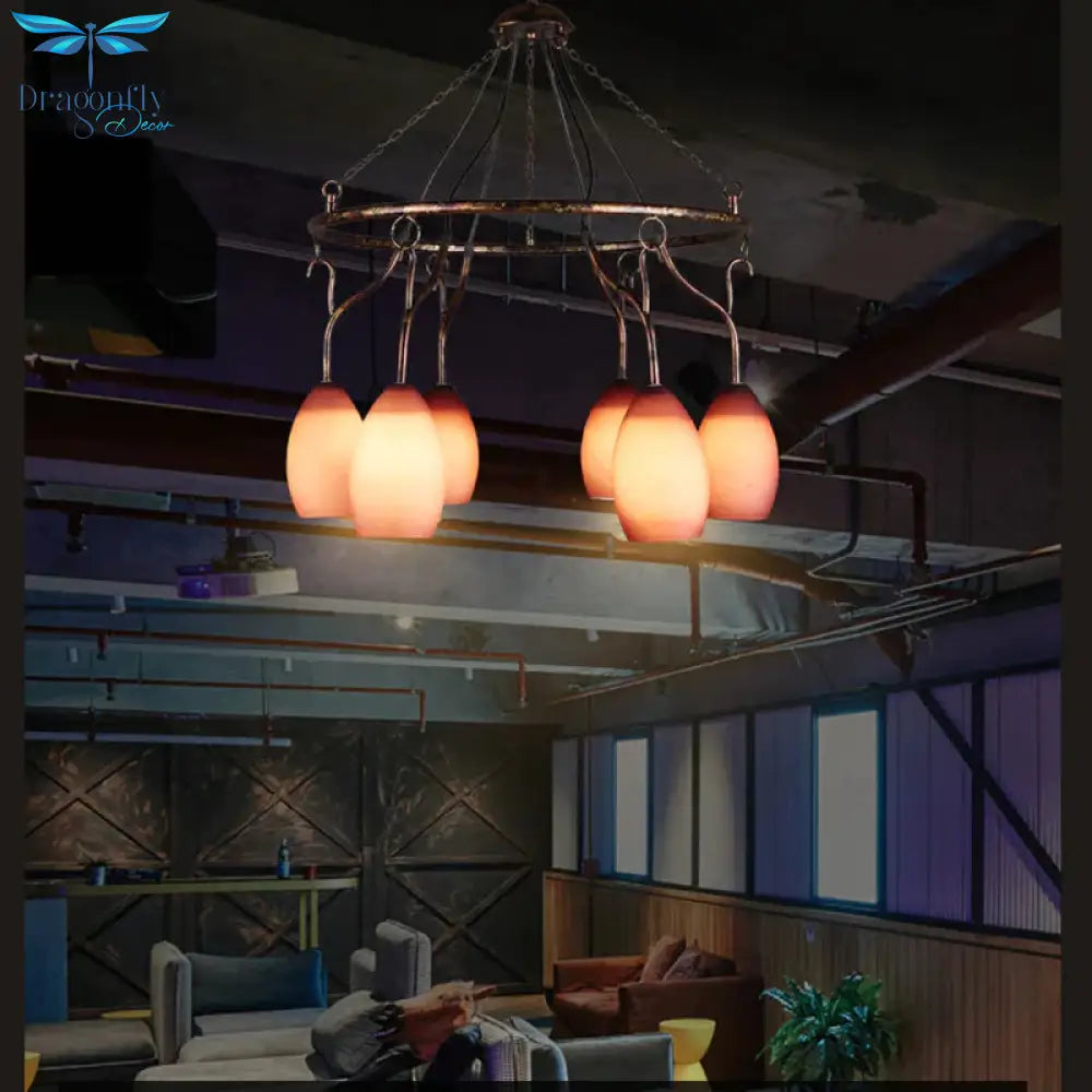 6 Lights Ring Hanging Light With Pink Melon Shade Antique Glass Chandelier For Cafe