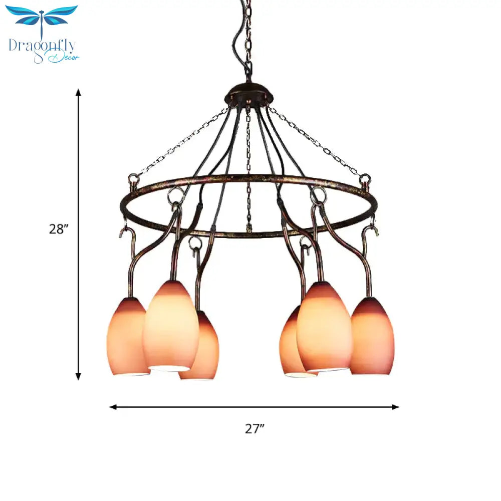 6 Lights Ring Hanging Light With Pink Melon Shade Antique Glass Chandelier For Cafe