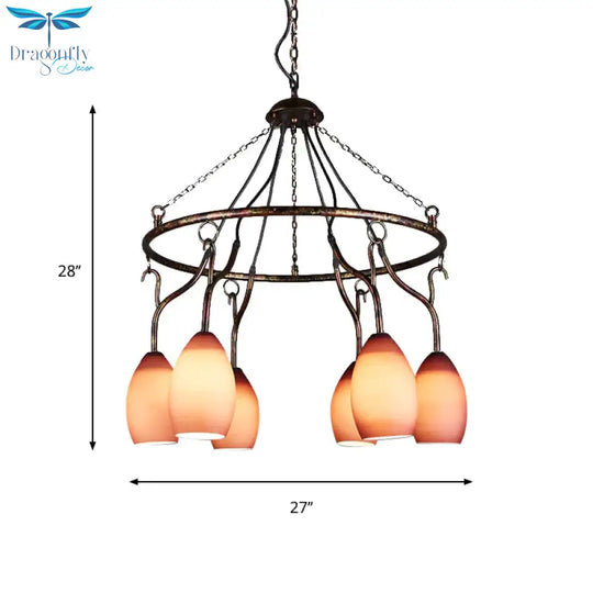 6 Lights Ring Hanging Light With Pink Melon Shade Antique Glass Chandelier For Cafe