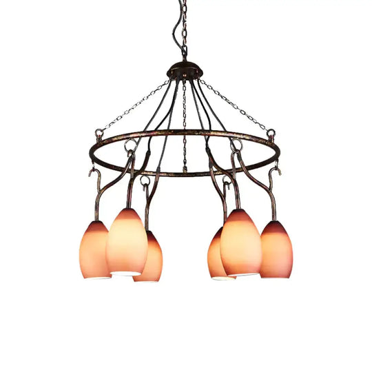 6 Lights Ring Hanging Light With Pink Melon Shade Antique Glass Chandelier For Cafe