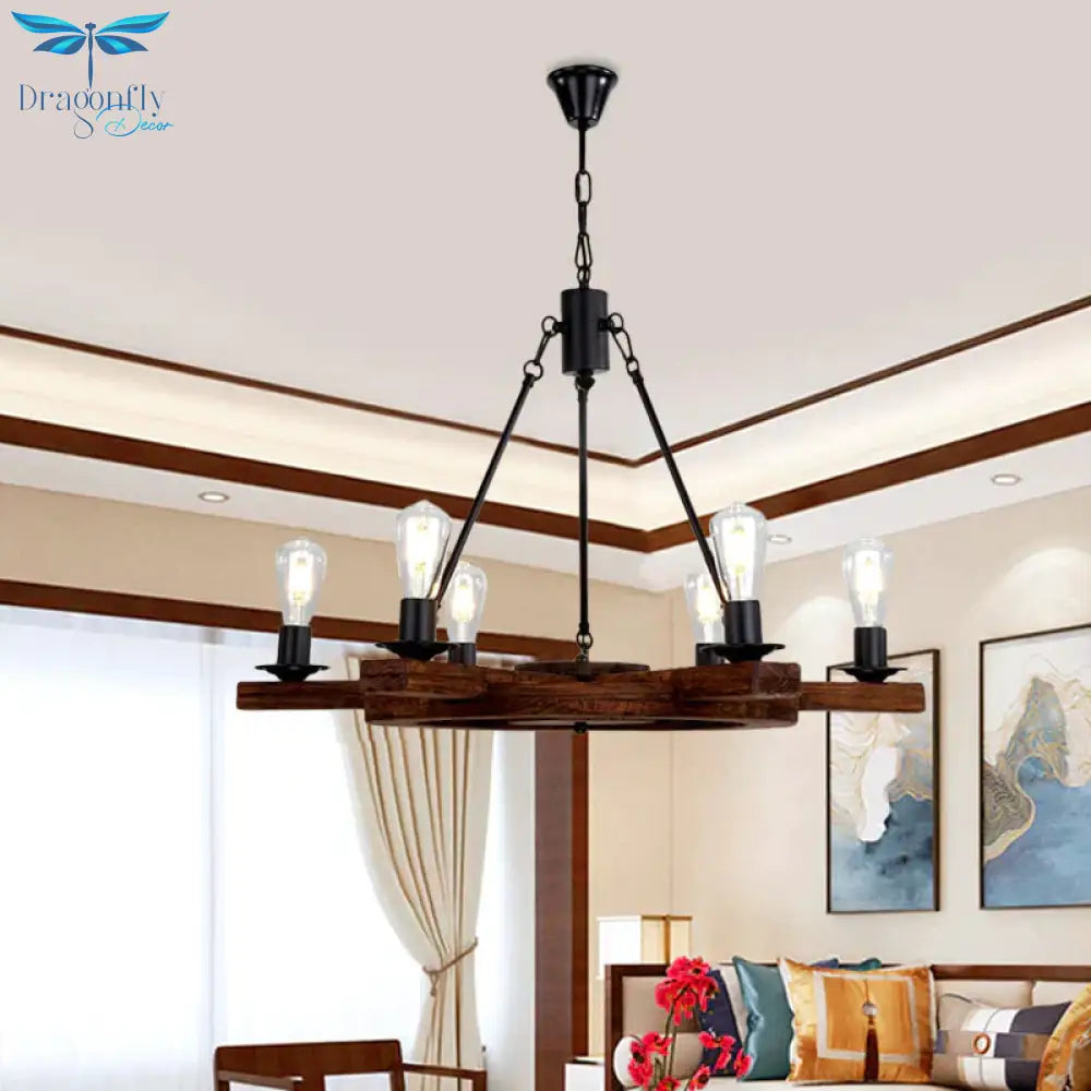 6 Lights Rudder Chandelier Light Fixture Country Brown Wood Ceiling With Bare Bulb Design For