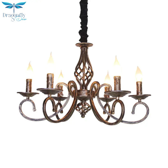6 Lights Swirled Arm Chandelier Lamp Vintage Bronze Metal Suspension Lighting Fixture For Dining