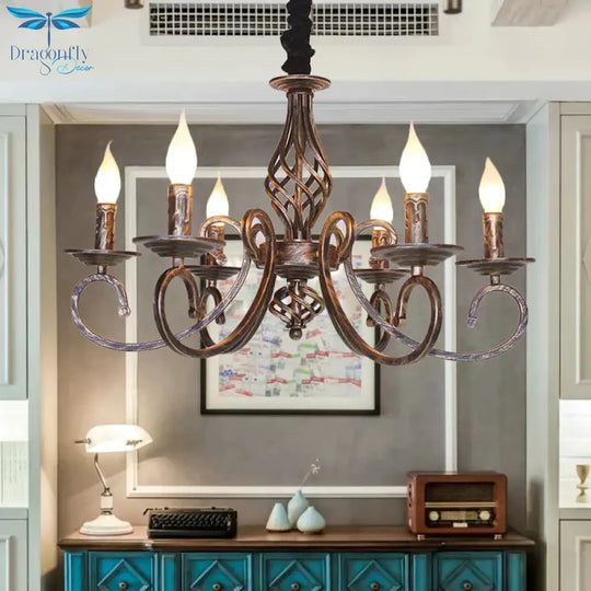 6 Lights Swirled Arm Chandelier Lamp Vintage Bronze Metal Suspension Lighting Fixture For Dining
