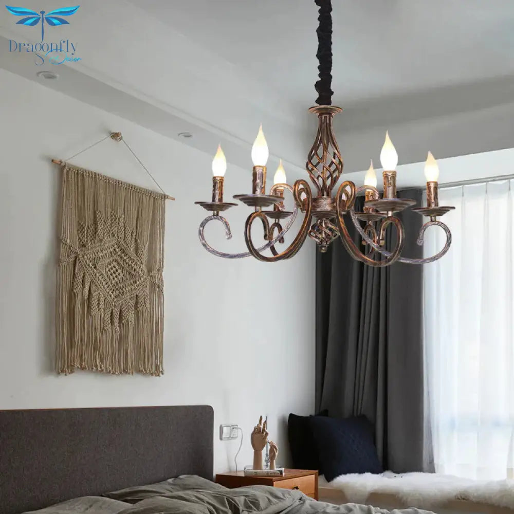 6 Lights Swirled Arm Chandelier Lamp Vintage Bronze Metal Suspension Lighting Fixture For Dining