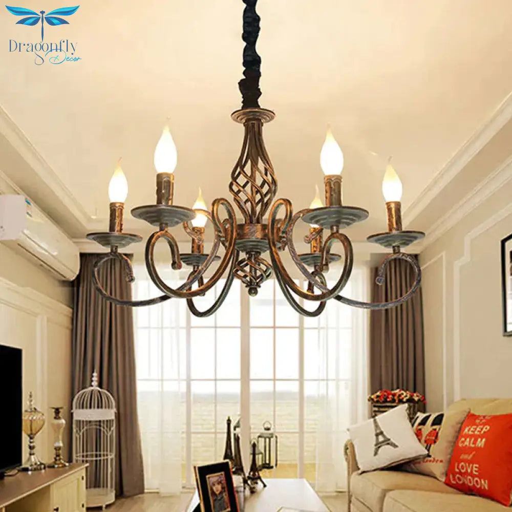 6 Lights Swirled Arm Chandelier Lamp Vintage Bronze Metal Suspension Lighting Fixture For Dining