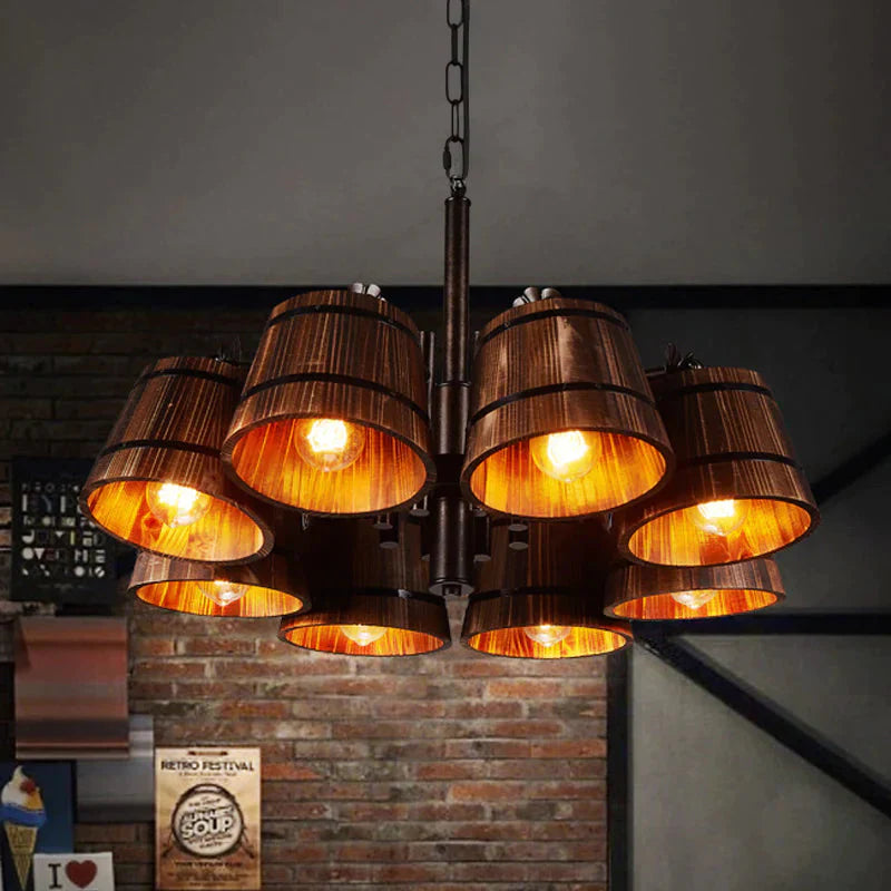 Rustic Wood Bucket 6 Heads Pendant Chandelier For Dining Room