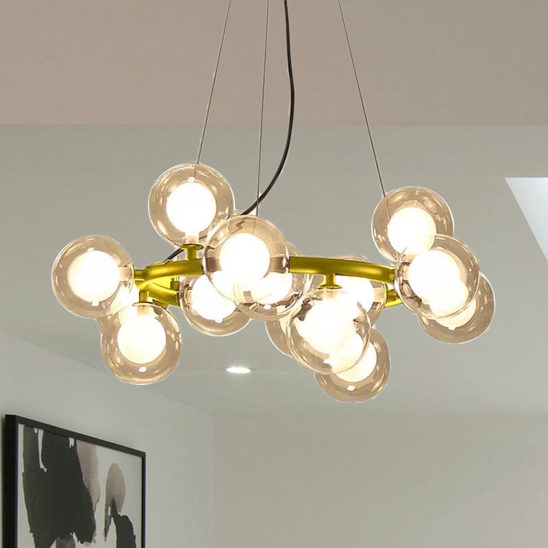 Modern Black/Gold Finish Glass 15/25 - Bulb Global Shade Chandelier Lamp With Metal Ring - Ceiling
