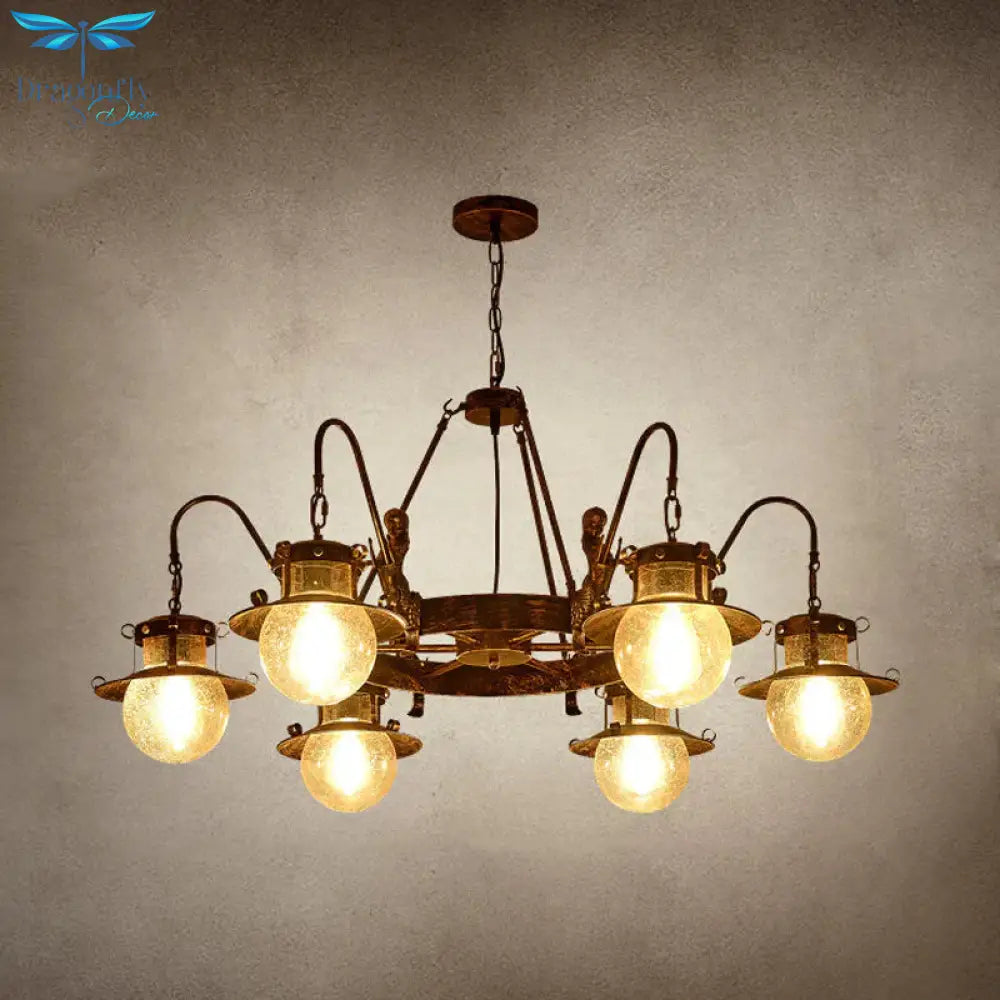 7/8 Bulbs Clear Glass Chandelier Light Country Rust Spherical Restaurant Pendant Lamp With Metal