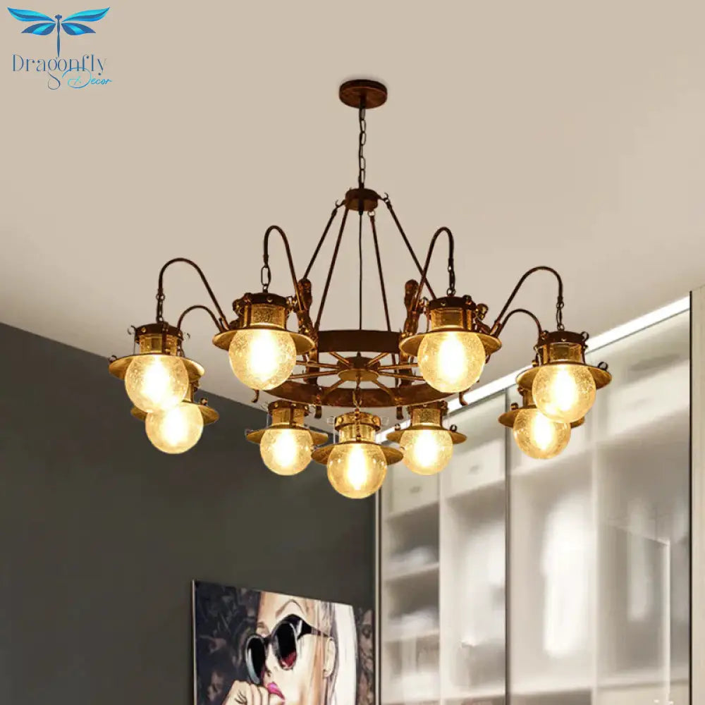 7/8 Bulbs Clear Glass Chandelier Light Country Rust Spherical Restaurant Pendant Lamp With Metal