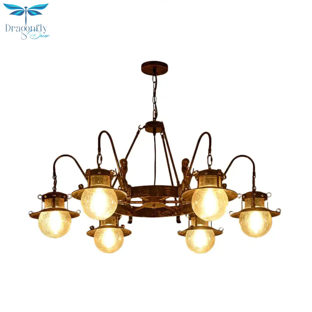 7/8 Bulbs Clear Glass Chandelier Light Country Rust Spherical Restaurant Pendant Lamp With Metal