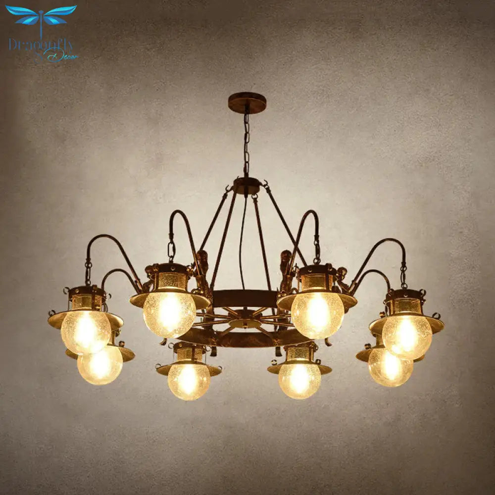7/8 Bulbs Clear Glass Chandelier Light Country Rust Spherical Restaurant Pendant Lamp With Metal