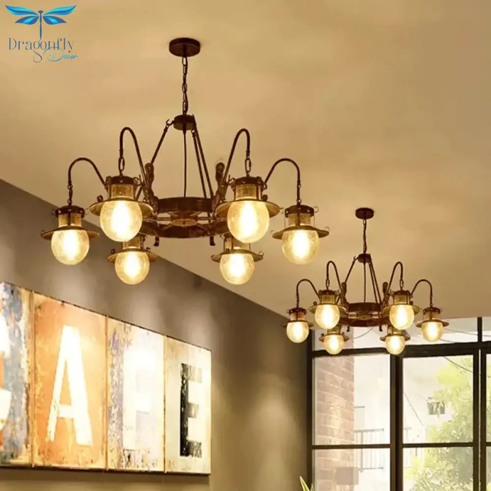 7/8 Bulbs Clear Glass Chandelier Light Country Rust Spherical Restaurant Pendant Lamp With Metal