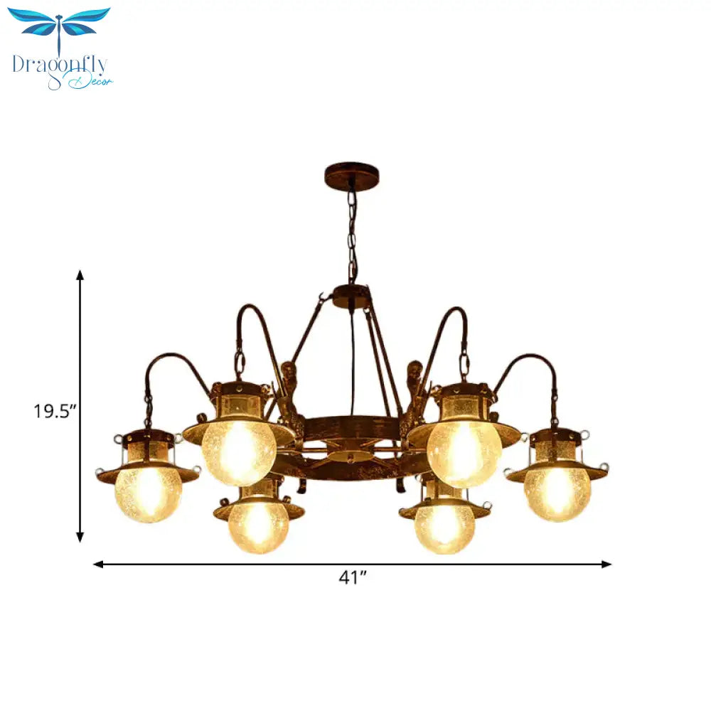 7/8 Bulbs Clear Glass Chandelier Light Country Rust Spherical Restaurant Pendant Lamp With Metal