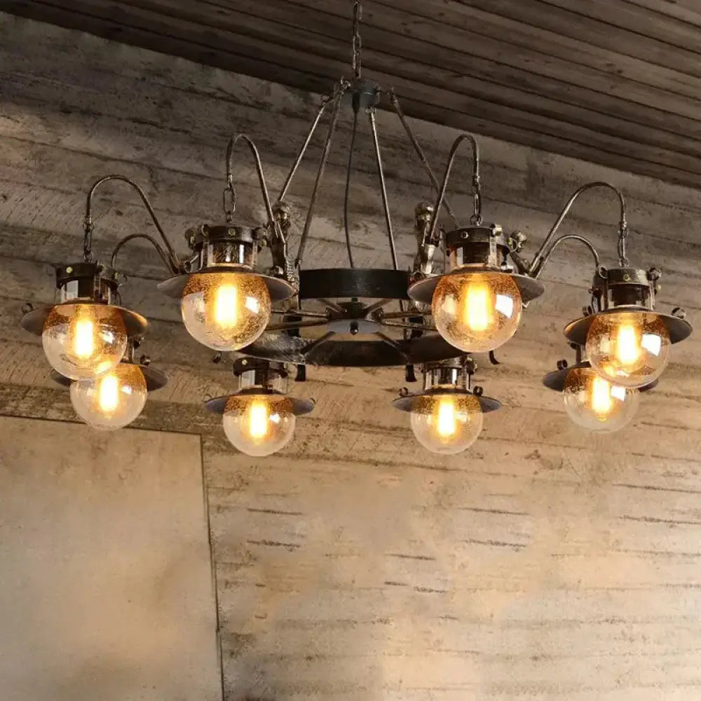7/8 Bulbs Clear Glass Chandelier Light Country Rust Spherical Restaurant Pendant Lamp With Metal