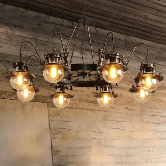 7/8 Bulbs Clear Glass Chandelier Light Country Rust Spherical Restaurant Pendant Lamp With Metal
