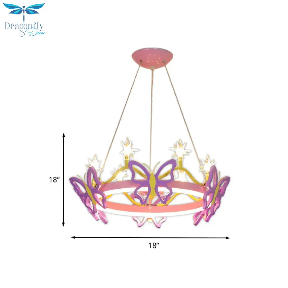 7 Bulbs Girl Room Hanging Chandelier Kid Pink Pendant Lamp With Butterfly/Crown Acrylic Shade