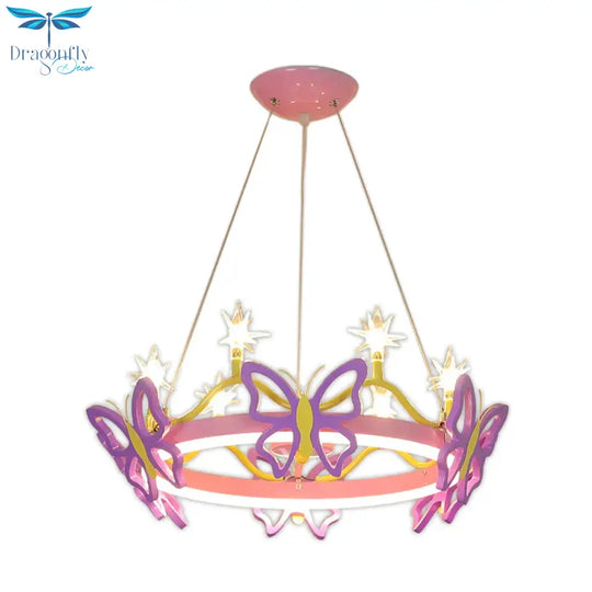 7 Bulbs Girl Room Hanging Chandelier Kid Pink Pendant Lamp With Butterfly/Crown Acrylic Shade