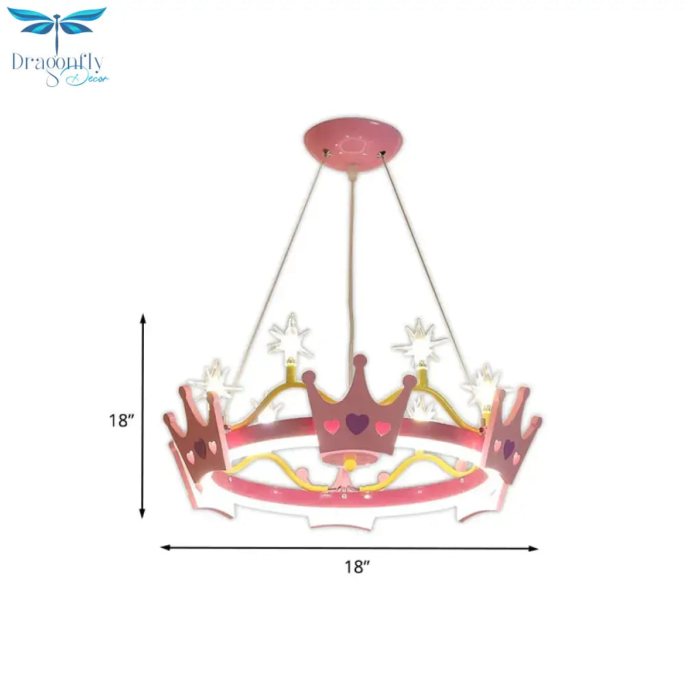 7 Bulbs Girl Room Hanging Chandelier Kid Pink Pendant Lamp With Butterfly/Crown Acrylic Shade
