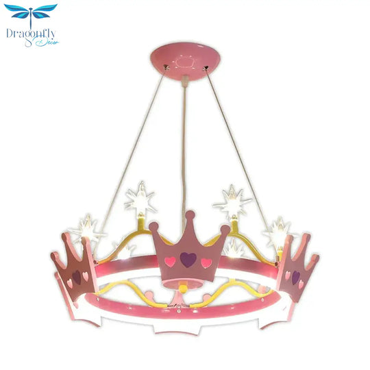 7 Bulbs Girl Room Hanging Chandelier Kid Pink Pendant Lamp With Butterfly/Crown Acrylic Shade