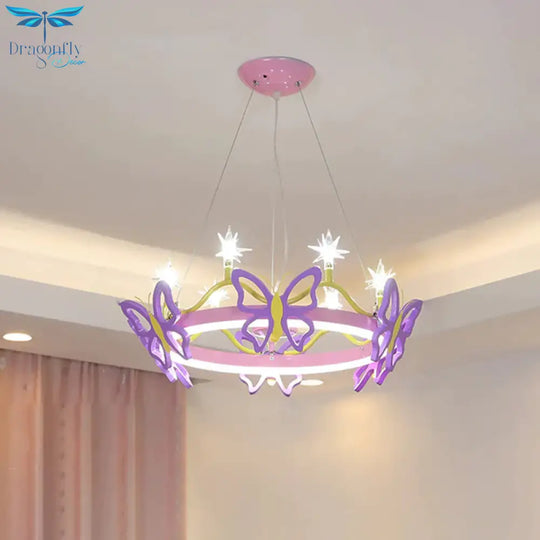 7 Bulbs Girl Room Hanging Chandelier Kid Pink Pendant Lamp With Butterfly/Crown Acrylic Shade