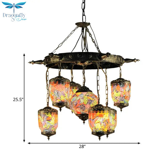 7 Bulbs Purple Glass Chandelier Pendant Art Deco Bronze Gyroscope Restaurant Hanging Lamp With